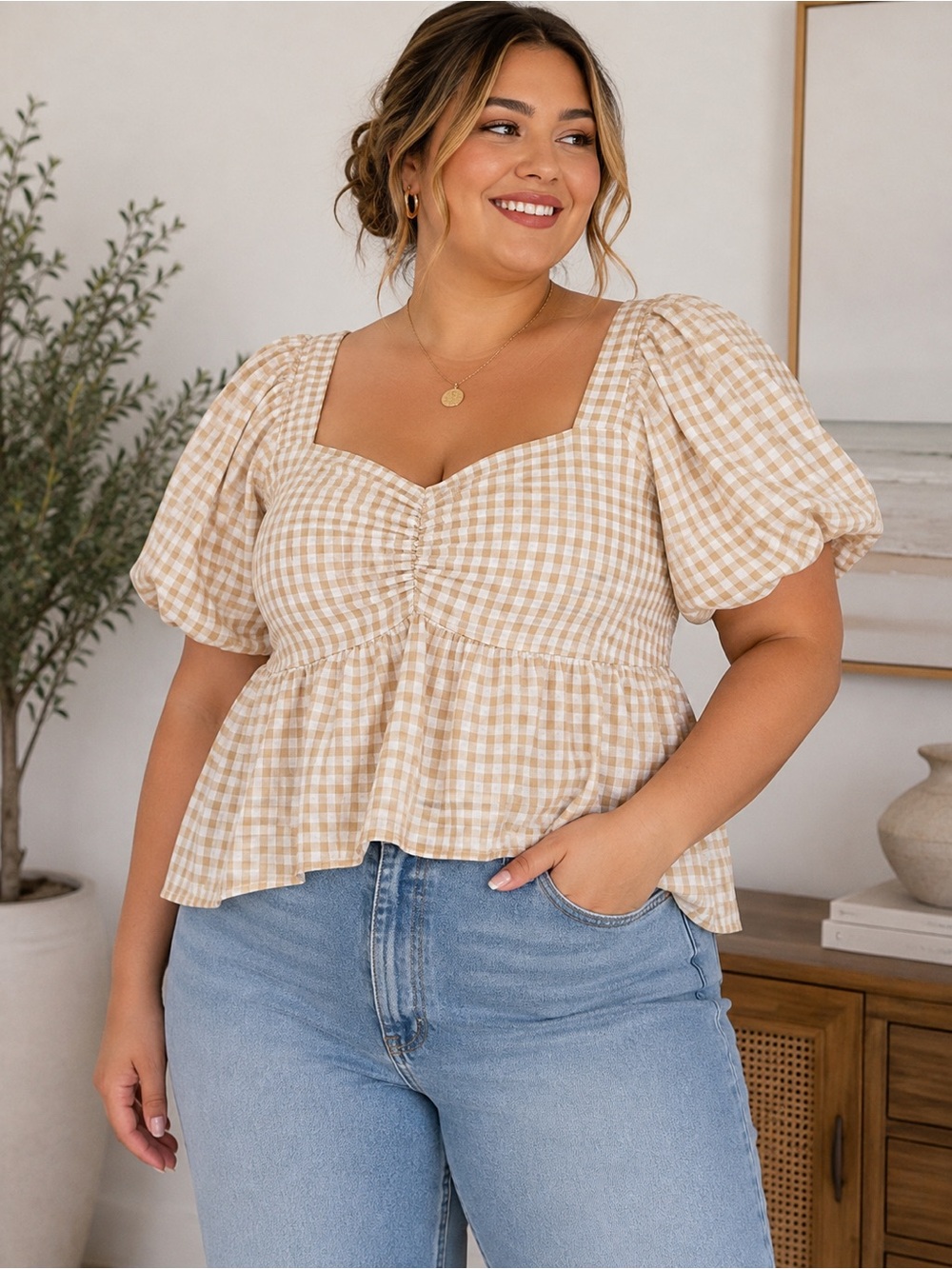 Old Navy May All Day Gingham Top XXL Puff Sleeve Smocked Peplum Plus Size